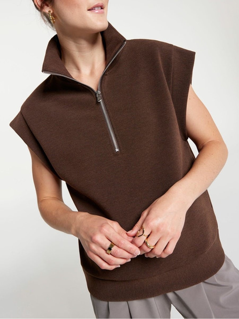 Caila Coffee Grounds Brown Ottoman Sleeveless 1/4 Zip Sweatshirt Size XL